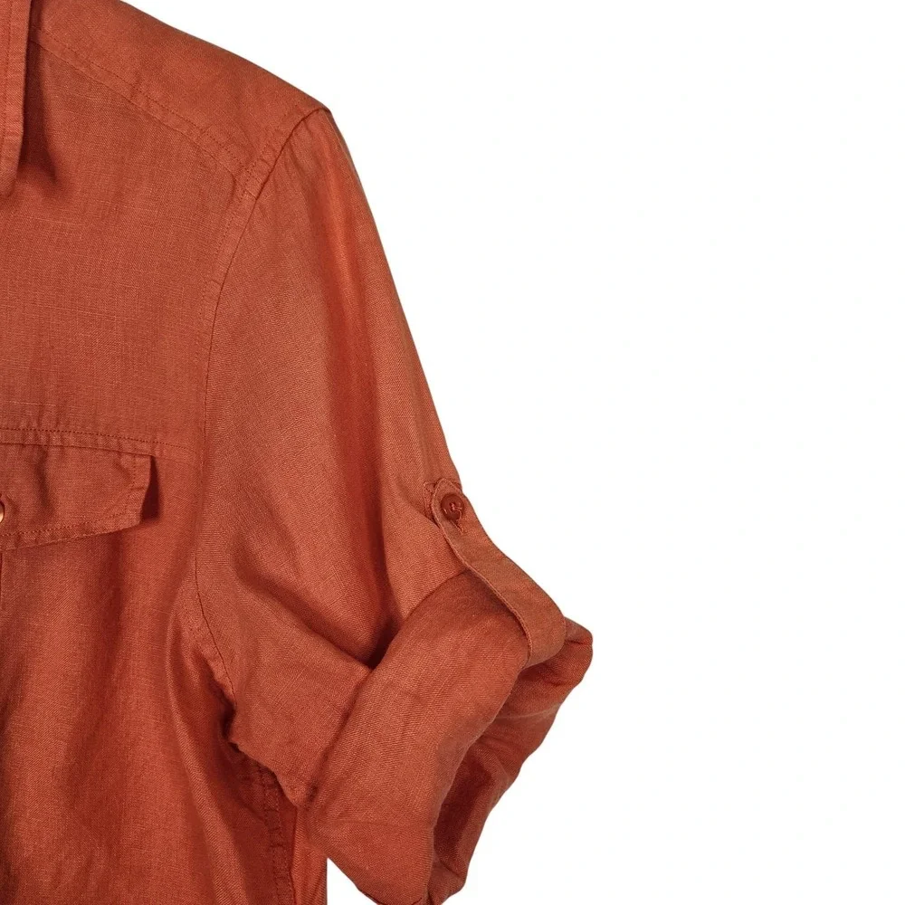 THOMAS PINK Shirt Womens US 12 Orange Pure Linen Button Front Roll‎ Tab Top